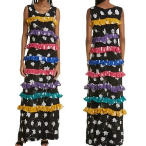 BUSAYO Ropo Splatter Print Tiered Ruffle Maxi Dress Black Size M NWT
